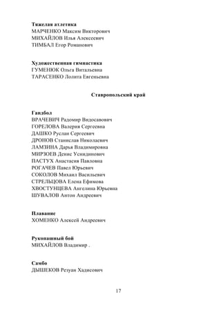 17
Тяжелая атлетика
МАРЧЕНКО Максим Викторович
МИХАЙЛОВ Илья Алексеевич
ТИМБАЛ Егор Романович
Художественная гимнастика
ГУМЕНЮК Ольга Витальевна
ТАРАСЕНКО Лолита Евгеньевна
Ставропольский край
Гандбол
ВРАЧЕВИЧ Радомир Видосавович
ГОРЕЛОВА Валерия Сергеевна
ДАШКО Руслан Сергеевич
ДРОНОВ Станислав Николаевич
ЛАМЗИНА Дарья Владимировна
МИРЗОЕВ Денис Уснидинович
ПАСТУХ Анастасия Павловна
РОГАЧЕВ Павел Юрьевич
СОКОЛОВ Михаил Васильевич
СТРЕЛЬЦОВА Елена Ефимова
ХВОСТУНЦЕВА Ангелина Юрьевна
ШУВАЛОВ Антон Андреевич
Плавание
ХОМЕНКО Алексей Андреевич
Рукопашный бой
МИХАЙЛОВ Владимир .
Самбо
ДЫШЕКОВ Резуан Хадисович
 