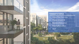 TONIGHT’S TOPICS
1. Vision Plan Overview
2. Phases 1A and 1B
3. Resident Relocation
4. Parking Relocation
5. Q&A
 