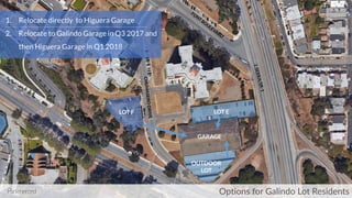 Options for Galindo Lot Residents
LOT F LOT E
OUTDOOR
LOT
GARAGE
1. Relocate directly to Higuera Garage
2. Relocate to Galindo Garage in Q3 2017 and
then Higuera Garage in Q1 2018
 