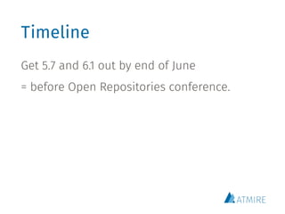 Timeline
Get 5.7 and 6.1 out by end of June
= before Open Repositories conference.
 