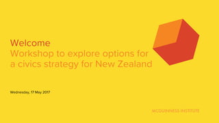 Welcome
Workshop to explore options for
a civics strategy for New Zealand
Wednesday, 17 May 2017
MCGUINNESS INSTITUTE
 
