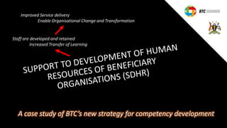 A case study of BTC’s new strategy for competency development
Improved Service delivery
Enable Organisational Change and Transformation
Staff are developed and retained
Increased Transfer of Learning
 