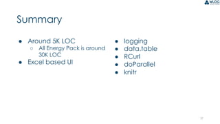 37
● Around 5K LOC
○ All Energy Pack is around
30K LOC
● Excel based UI
● logging
● data.table
● RCurl
● doParallel
● knitr
Summary
 