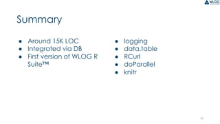 42
● Around 15K LOC
● Integrated via DB
● First version of WLOG R
Suite™
● logging
● data.table
● RCurl
● doParallel
● knitr
Summary
 