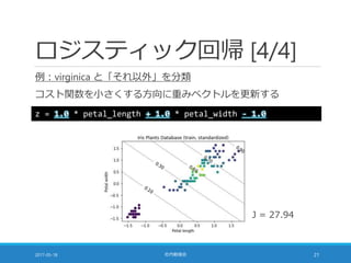 ロジスティック回帰 [4/4]
例：virginica と「それ以外」を分類
コスト関数を小さくする方向に重みベクトルを更新する
2017-05-18 社内勉強会 21
z = 1.0 * petal_length + 1.0 * petal_width - 1.0
J = 27.94
 