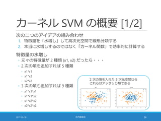 カーネル SVM の概要 [1/2]
次の二つのアイデアの組み合わせ
1. 特徴量を「水増し」して高次元空間で線形分類する
2. 本当に水増しするのではなく「カーネル関数」で効率的に計算する
特徴量の水増し
◦ 元々の特徴量が 2 種類 (x1, x2) だったら・・・
◦ 2 次の項を追加すれば 5 種類
◦ x1*x1
◦ x1*x2
◦ x2*x2
◦ 3 次の項も追加すれば 9 種類
◦ x1*x1*x1
◦ x1*x1*x2
◦ x1*x2*x2
◦ x2*x2*x2
2017-05-18 社内勉強会 36
2 次の項を入れた 5 次元空間なら
これらはアッサリ分類できる
 