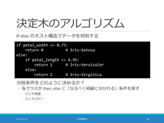 決定木のアルゴリズム
If-else のネスト構造でデータを判別する
2017-05-18 社内勉強会 42
if petal_width <= 0.75:
return 0 # Iris-Setosa
else:
if petal_length <= 4.95:
return 1 # Iris-Versicolor
else:
return 2 # Iris-Virginica
分岐条件をどのように決めるか？
◦ 各クラスが then, else に「なるべく綺麗に分かれる」条件を探す
◦ ジニ不純度
◦ エントロピー
 