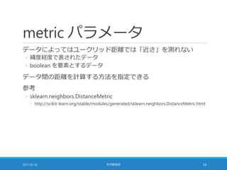 metric パラメータ
データによってはユークリッド距離では「近さ」を測れない
◦ 緯度経度で表されたデータ
◦ boolean を要素とするデータ
データ間の距離を計算する方法を指定できる
参考
◦ sklearn.neighbors.DistanceMetric
◦ http://scikit-learn.org/stable/modules/generated/sklearn.neighbors.DistanceMetric.html
2017-05-18 社内勉強会 54
 