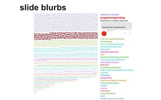 like how u can control the
angry birds like u make
stuff move
:)
Learning how computers
work.
:)
slide blurbs
 