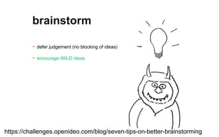 - defer judgement (no blocking of ideas)
- encourage WILD ideas
brainstorm
https://challenges.openideo.com/blog/seven-tips-on-better-brainstorming
 