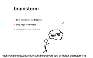 - defer judgement (no blocking of ideas)
- encourage WILD ideas
- build on the ideas of others
brainstorm
https://challenges.openideo.com/blog/seven-tips-on-better-brainstorming
 