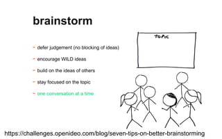 - defer judgement (no blocking of ideas)
- encourage WILD ideas
- build on the ideas of others
- stay focused on the topic
- one conversation at a time
brainstorm
https://challenges.openideo.com/blog/seven-tips-on-better-brainstorming
 