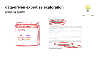 Lorem Ipsum: a narrative about blankets.
Author: Charlie Brown
Date: 31 Jan 2012
Lorem Ipsum is a dummy text used when typesetting or marking up documents. It has a
long history starting from the 1500s and is still used in digital millennium for typesetting
electronic documents, page designs, etc.
In itself, the original text of Lorem Ipsum might have been taken from an ancient Latin
book that was written about 50 BC. Nevertheless, Lorem Ipsum’s words have been
changed so they don’t read as a proper text.
Naturally, page designs that are made for text documents must contain some text rather
than placeholder dots or something else. However, should they contain proper English
words and sentences almost every reader will deliberately try to interpret it eventually,
missing the design itself.
However, a placeholder text must have a natural distribution of letters and punctuation or
otherwise the markup will look strange and unnatural. That’s what Lorem Ipsum helps to
achieve.
I would like to thank Peppermint Pattyfor her support on studying Lorem
Ipsum as well as the inﬁnite wisdom of Linus van Peltand his willingness to
use his blanket in my experiments.
data-driven expertise exploration
procter & gamble
 