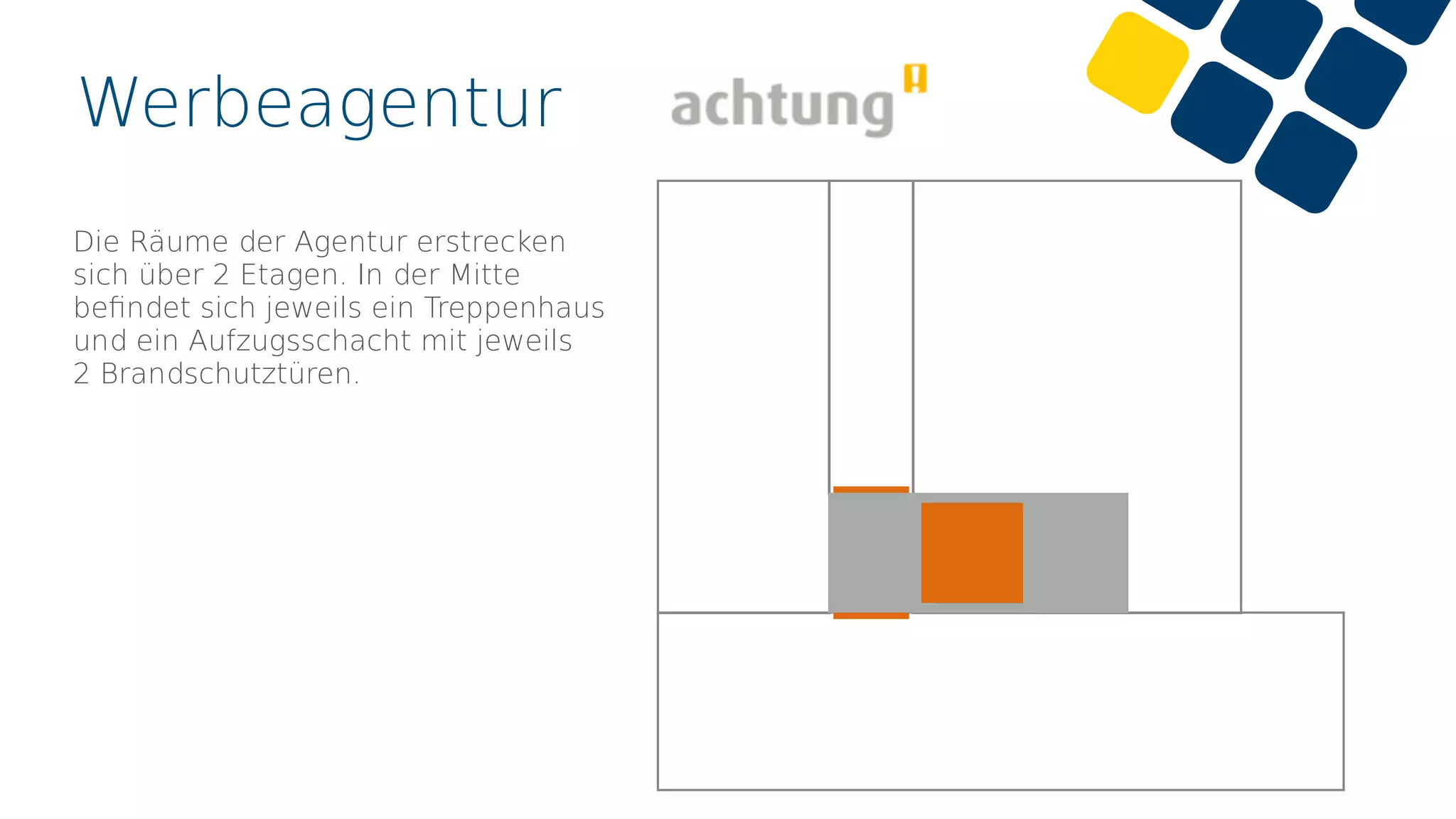 Werbeagentur
Die Räume der Agentur erstrecken
sich über 2 Etagen. In der Mitte
beﬁndet sich jeweils ein Treppenhaus
und ein Aufzugsschacht mit jeweils
2 Brandschutztüren.
 