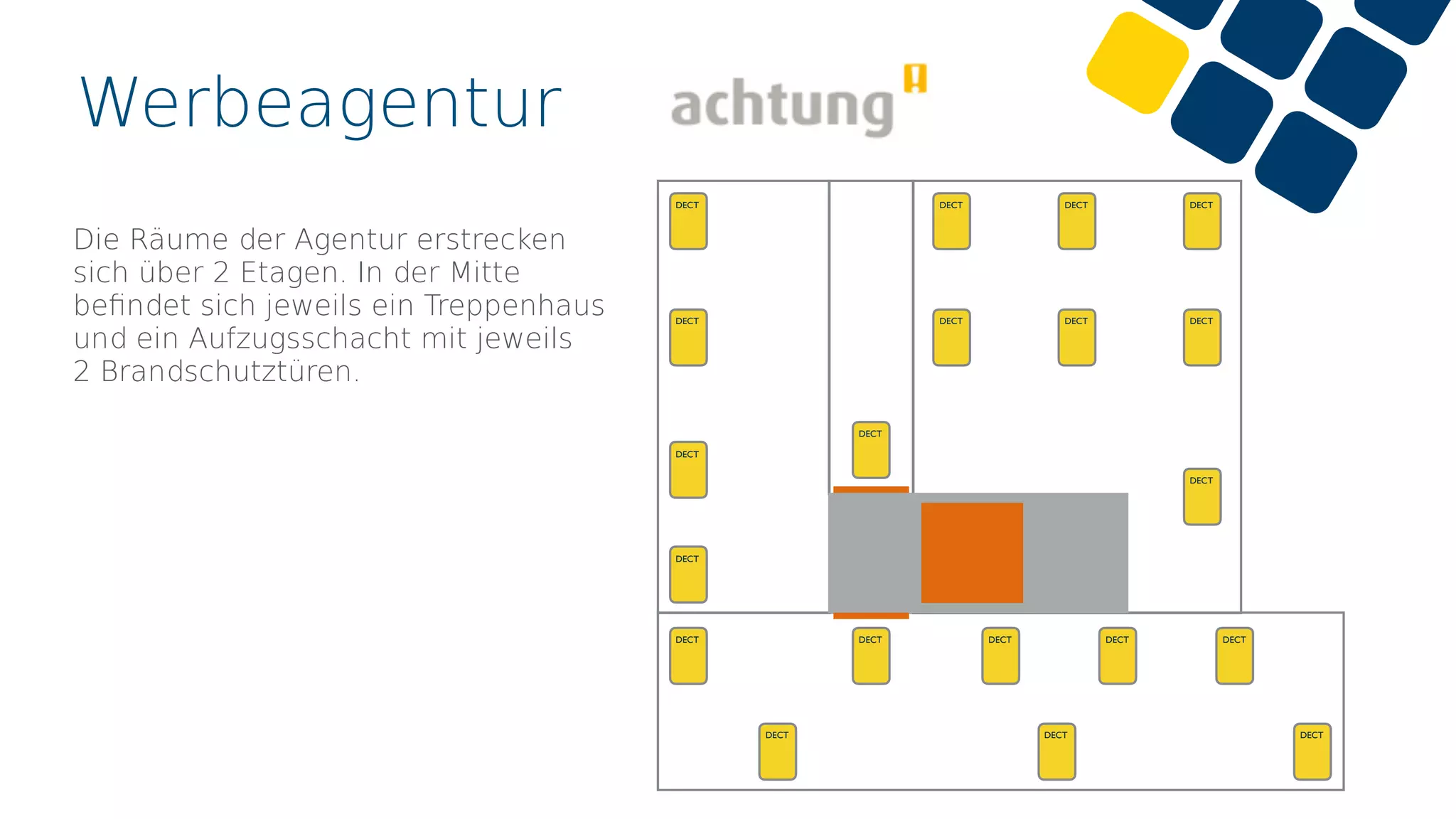 Werbeagentur
Die Räume der Agentur erstrecken
sich über 2 Etagen. In der Mitte
beﬁndet sich jeweils ein Treppenhaus
und ein Aufzugsschacht mit jeweils
2 Brandschutztüren.
DECT
DECT DECT DECT DECT
DECT DECT DECT
DECT DECT DECT
DECT
DECT
DECT
DECT
DECT
DECT DECT DECT
DECT
 