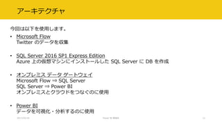 アーキテクチャ
今回は以下を使用します。
• Microsoft Flow
Twitter のデータを収集
• SQL Server 2016 SP1 Express Edition
Azure 上の仮想マシンにインストールした SQL Server に DB を作成
• オンプレミス データ ゲートウェイ
Microsoft Flow ⇒ SQL Server
SQL Server ⇒ Power BI
オンプレミスとクラウドをつなぐのに使用
• Power BI
データを可視化・分析するのに使用
2017/02/18 Power BI 勉強会 12
 