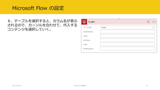 Microsoft Flow の設定
６．テーブルを選択すると、カラム名が表示
されるので、カーソルを合わせて、代入する
コンテンツを選択していく。
2017/02/18 Power BI 勉強会 34
 
