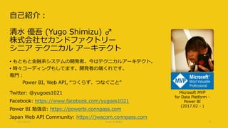 自己紹介：
清水 優吾 (Yugo Shimizu) ♂
株式会社セカンドファクトリー
シニア テクニカル アーキテクト
• もともと金融系システムの開発者。今はテクニカルアーキテクト。
• 時々コーディングもしてます。開発者の端くれです。
専門：
Power BI, Web API, “つくらず、つなぐこと”
Twitter: @yugoes1021
Facebook: https://www.facebook.com/yugoes1021
Power BI 勉強会: https://powerbi.connpass.com
Japan Web API Community: https://jwacom.connpass.com
2017/02/18 Power BI 勉強会 8
Microsoft MVP
for Data Platform -
Power BI
(2017.02 - )
 