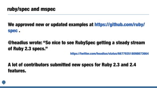 Ruby core backport model
trunk
ruby_2_1
ruby_2_0_0
trunk
ruby_2_1
ruby_2_0_0
We backport fixes to stable branch from trunk...