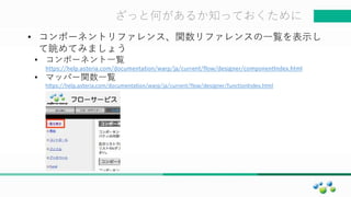 マスター タイトルの書式設定ざっと何があるか知っておくために
• コンポーネントリファレンス、関数リファレンスの一覧を表示し
て眺めてみましょう
• コンポーネント一覧
https://help.asteria.com/documentation/warp/ja/current/flow/designer/componentIndex.html
• マッパー関数一覧
https://help.asteria.com/documentation/warp/ja/current/flow/designer/functionIndex.html
 