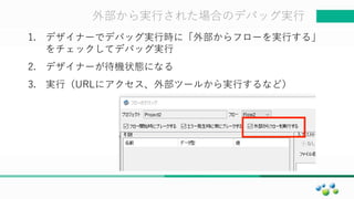 マスター タイトルの書式設定外部から実行された場合のデバッグ実行
1. デザイナーでデバッグ実行時に「外部からフローを実行する」
をチェックしてデバッグ実行
2. デザイナーが待機状態になる
3. 実行（URLにアクセス、外部ツールから実行するなど）
 