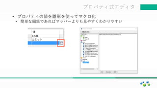 マスター タイトルの書式設定プロパティ式エディタ
• プロパティの値を雛形を使ってマクロ化
• 簡単な編集であればマッパーよりも見やすくわかりやすい
 