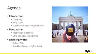 Agenda
Introduction•
Company•
Why H• 2O?
• H2O Machine Learning Platform
Deep Water•
Motivation / Benefits•
GPU Deep Learning Demo•
Sparkling Water•
Kuba• ’s Talk
Sparkling Water = H• 2O + Spark
3
 