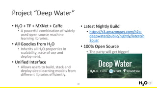 Project “Deep Water”
• H2O + TF + MXNet + Caffe
A powerful combination of widely•
used open source machine
learning libraries.
All Goodies from H• 2O
Inherits all H• 2O properties in
scalability, ease of use and
deployment.
Unified Interface•
Allows users to build, stack and•
deploy deep learning models from
different libraries efficiently.
69
Latest Nightly Build•
https://s• 3.amazonaws.com/h2o-
deepwater/public/nightly/latest/h
2o.jar
100• % Open Source
The party will get bigger!•
 