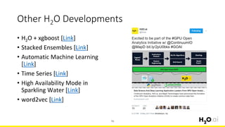Other H2O Developments
• H2O + xgboost [Link]
• Stacked Ensembles [Link]
• Automatic Machine Learning
[Link]
• Time Series [Link]
High Availability Mode in•
Sparkling Water [Link]
word• 2vec [Link]
70
 