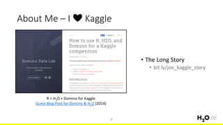 About Me – I ❤️ Kaggle
9
R + H2O + Domino for Kaggle
Guest Blog Post for Domino & H2O (2014)
• The Long Story
• bit.ly/joe_kaggle_story
 