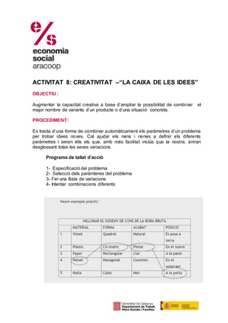 ACTIVITAT 8: CREATIVITAT –“LA CAIXA DE LES IDEES”
OBJECTIU :
Augmentar la capacitat creativa a base d’ampliar la possibilitat de combinar el
major nombre de variants d’un producte o d’una situació concreta.
PROCEDIMENT:
Es tracta d’una forma de combinar automàticament els paràmetres d’un problema
per trobar idees noves. Cal ajudar els nens i nenes a definir els diferents
paràmetres i seran ells els que, amb més facilitat inclús que la nostra, aniran
desglossant totes les seves variacions.
Programa de tallat d’acció
1- Especificació del problema
2- Selecció dels paràmteres del problema
3- Fer una llista de variacions
4- Intentar combinacions diferents
 