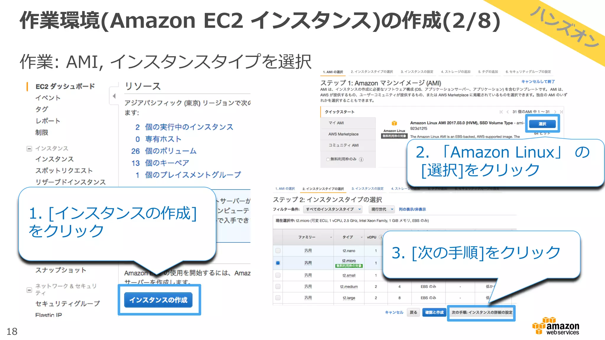 18
作業環境(Amazon EC2 インスタンス)の作成(2/8)
作業: AMI, インスタンスタイプを選択
1. [インスタンスの作成]
をクリック
2. 「Amazon Linux」 の
[選択]をクリック
3. [次の手順]をクリック
 