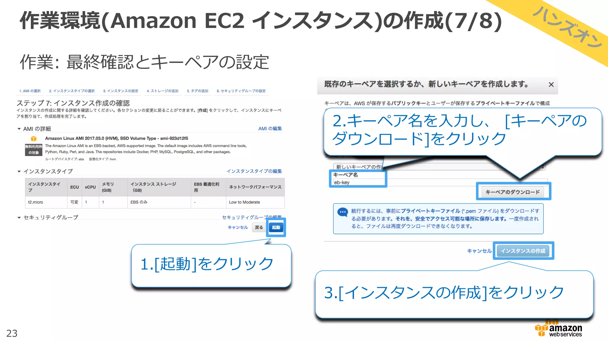 23
作業環境(Amazon EC2 インスタンス)の作成(7/8)
作業: 最終確認とキーペアの設定
1.[起動]をクリック
2. [次の手順]をクリック
2.キーペア名を入力し、 [キーペアの
ダウンロード]をクリック
3.[インスタンスの作成]をクリック
 