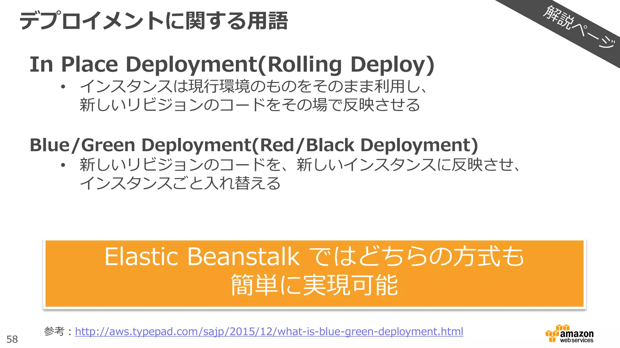 58
デプロイメントに関する用語
In Place Deployment(Rolling Deploy)
• インスタンスは現行環境のものをそのまま利用し、
新しいリビジョンのコードをその場で反映させる
Blue/Green Deployment(Red/Black Deployment)
• 新しいリビジョンのコードを、新しいインスタンスに反映させ、
インスタンスごと入れ替える
参考：http://aws.typepad.com/sajp/2015/12/what-is-blue-green-deployment.html
Elastic Beanstalk ではどちらの方式も
簡単に実現可能
 