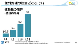 13Copyright©2017 NTT corp. All Rights Reserved.
並列処理の注意どころ (2)
拡張性の限界
•値段的限界
L4 L8 L16 L32
$0.5
$1
$2
$4
https://azure.microsoft.com/en-
us/pricing/details/virtual-machines/windows/
 