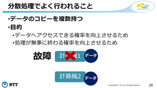 28Copyright©2017 NTT corp. All Rights Reserved.
•データのコピーを複数持つ
•目的
•データへアクセスできる確率を向上させるため
•処理が無事に終わる確率を向上させるため
分散処理でよく行われること
計算機1
計算機2
データ
データ
故障
 