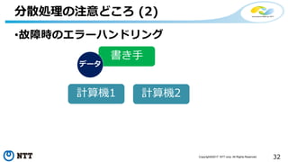 32Copyright©2017 NTT corp. All Rights Reserved.
•故障時のエラーハンドリング
分散処理の注意どころ (2)
書き手
計算機1 計算機2
データ
 