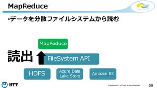 58Copyright©2017 NTT corp. All Rights Reserved.
•データを分散ファイルシステムから読む
MapReduce
FileSystem API
HDFS
MapReduce
Azure Data
Lake Store
Amazon S3
読出
 