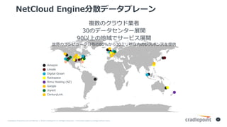 Cradlepoint	Proprietary	and	Confidential		|		?2015	Cradlepoint,	Inc.	All	Rights	Reserved.	|		Information	subject	to	change	without	notice.	
17
NetCloud Engineɢǩ`ץ`
Amazon
Linode
Digital Ocean
Rackspace
Joyent
Rimu Hosting (NZ)
Google
CenturyLink
}Υ饦ɘI
30Υǩ`󥿩`չ_
90Ϥεǥ`ӥչ_
Υԥ`ֲ80%30ߥڤΥ쥹ݥ󥹤ṩ
 