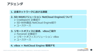 Cradlepoint	Proprietary	and	Confidential		|		?2015	Cradlepoint,	Inc.	All	Rights	Reserved.	|		Information	subject	to	change	without	notice.	
2

1. Iͥåȥ`ˤn}
2. SD-WAN` NetCloud EngineˤĤ
? Cradlepoint IB
? SD-WANuƷ NetCloud EngineB
? ``
3. `ȥեmvBoxB
? Forcenet IB
? `ȥե` vBox
? ``
4. vBox + NetCloud Engine hǥ
 