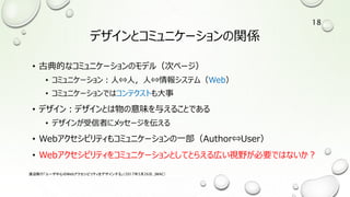 デザインとコミュニケーションの関係
• 古典的なコミュニケーションのモデル（次ページ）
• コミュニケーション：人⇔人，人⇔情報システム（Web）
• コミュニケーションではコンテクストも大事
• デザイン：デザインとは物の意味を与えることである
• デザインが受信者にメッセージを伝える
• Webアクセシビリティもコミュニケーションの一部（Author⇔User）
• Webアクセシビリティをコミュニケーションとしてとらえる広い視野が必要ではないか？
渡辺隆行「ユーザ中心のWebアクセシビリティをデザインする」（2017年5月26日，JWAC）
18
 