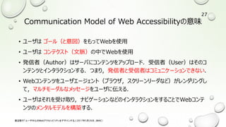 Communication Model of Web Accessibilityの意味
• ユーザは ゴール（と意図）をもってWebを使用
• ユーザは コンテクスト（文脈）の中でWebを使用
• 発信者（Author）はサーバにコンテンツをアップロード．受信者（User）はそのコ
ンテンツとインタラクションする．つまり，発信者と受信者はコミュニケーションできない．
• Webコンテンツをユーザエージェント（ブラウザ，スクリーンリーダなど）がレンダリングし
て，マルチモーダルなメッセージをユーザに伝える．
• ユーザはそれを受け取り，ナビゲーションなどのインタラクションをすることでWebコンテ
ンツのメンタルモデルを構築する．
渡辺隆行「ユーザ中心のWebアクセシビリティをデザインする」（2017年5月26日，JWAC）
27
 