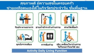 สุขภาพดี มีความสุขในครอบครัว
ช่วยเหลือตนเองได้ในกิจวัตรประจาวัน ขั้นพื้นฐาน
รับประทานอาหาร อาบน้าชาระล้างร่างกาย สวมใส่เสื้อผ้า
ลุกนั่งจากเตียง การขับถ่าย เดิน เคลื่อนไหวร่างกาย
ไปไหนมาไหนได้ เอง
Activity Daily Living Function
 