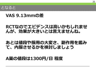 となると
VAS 9.13mmの差
RCTなのでエビデンスは高いかもしれませ
んが、効果が大きいとは言えませんね。
あとは値段や服用の大変さ、副作用を鑑み
て、内服させるかを検討しましょう
A薬の値段は1300円/日 程度
25
 