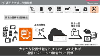 運用を考慮した機能群
35
大まかな設置情報をとりたいケースであれば
通信モジュールの機能として提供
基地局情報
簡易位置
情報提供
ラージスケール対応 アップデート 障害切り分け、復旧データの蓄積 データの連携データの収集 セキュリティ
※利用には別途月額料金が必要になります
簡易位置情報提供機能
運用機能
 