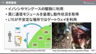 害獣駆除
• イノシシやマングースの駆除に利用
• 罠に通信モジュールを装着し動作状況を取得
• LTEが不安定な場所ではゲートウェイを利用
47
http://knowledge.sakura.ad.jp/other/7902/http://pcn.club/katsuyama/azure201703/
 