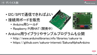 • I2C/SPIで通信できればよい
• 接続用ボードを販売
• Arduino用シールド
• Raspberry Pi用HAT (開発中)
• Arduino用ライブラリやサンプルプログラムも公開
• http://www.arduinolibraries.info/libraries/sakura-io
• https://github.com/sakura-internet/SakuraAlphaArduino
デバイス側
55
 
