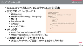 • sakura.ioで用意したAPIによりリクエストを送出
• 対応プロトコル/サービス
• Websocket
• Webhook (Incoming / Outgoing)
• MQTT
• DataStore API
• AWS IoT
• Azure IoT Hub
• URLの例
• wss://api.sakura.io/ws/v1/(ID)
• https://api.sakura.io/incoming/v1/(ID)
• JSON形式のデータが返ってくる
• 多数のプログラミング言語にJSONを扱うライブラリあり
インターネット側
56
{
"module": "XXXXXXXXX",
"type": "channels",
"datetime": "2016-06-01T12:21:11.628907163Z",
"payload": {
"channels": [{
"channel": 1,
"type": "i",
"value": 1,
"datetime": "2016-06-01T10:21:11.628907163Z"
}, {
"channel": 2,
…
}]
}
}
 
