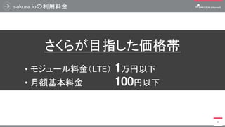 sakura.ioの利用料金
39
さくらが目指した価格帯
• モジュール料金（LTE） 1万円以下
• 月額基本料金 100円以下
 