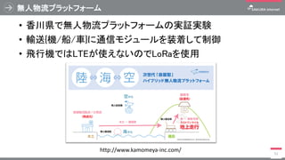 無人物流プラットフォーム
• 香川県で無人物流プラットフォームの実証実験
• 輸送{機/船/車}に通信モジュールを装着して制御
• 飛行機ではLTEが使えないのでLoRaを使用
51
http://www.kamomeya-inc.com/
 
